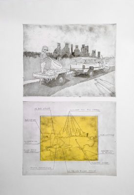  An intaglio print by Alexander Russo. The canvas is bordered with white and separated into two square sections. The print at the top is black and white and depicts a boy loading something onto a flat bed trailer hooked to a white pickup truck, with a city skyline in the background. In the bottom print is a smaller yellow square inside the off-white border. Within the yellow space is the outline of the print above, but this version points to specific areas of the print and labels them.