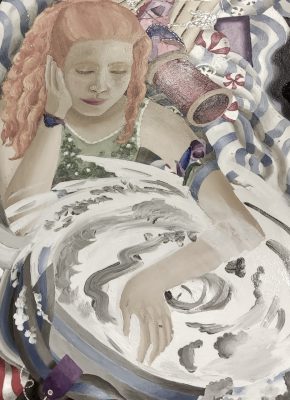  A detail of an oil and silver leaf painting by Gwendolyn Swannell of a white woman with light red hair looking forlorn, her face resting in her right hand as she gazes down to a swirling white and grey object. Behind her are peppermint candies, blue and white striped fabric, and other objects.