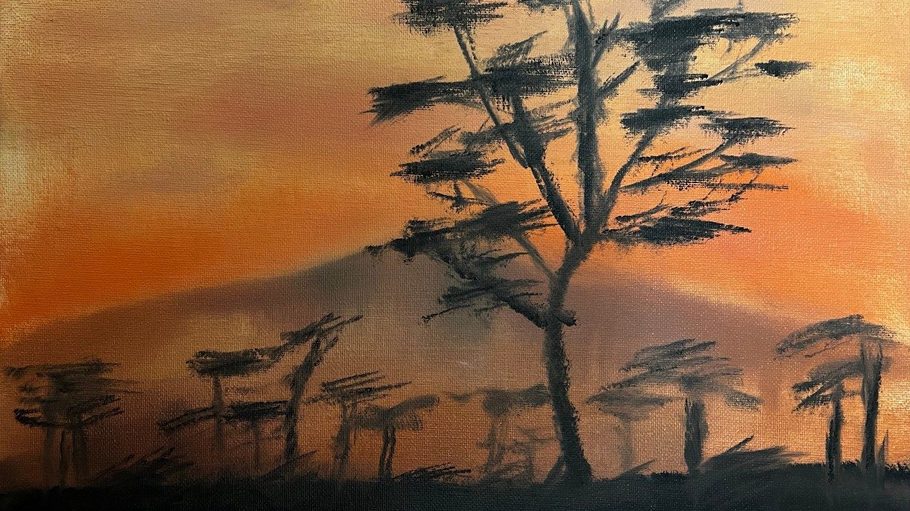  An oil painting by Liam Wallace depicting a large tree in the foreground, several more trees in the midground, and a mountain peak in the background. The mountain peak is a soft grey; the sky the pink and orange colors of sunset, and the trees are dark. 