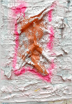  An abstract paiting by Jack Wasielewski made from bubble wrap, plaster, acrylic paint, and spray paint. The work is primarily plaster-colored and heavily textured. In the center is the bubble wrap, the outline of which is spray painted hot pink. The bubble wrap itself is orange, and has been painted over in some places with white paint so some of the original color still peeks through.