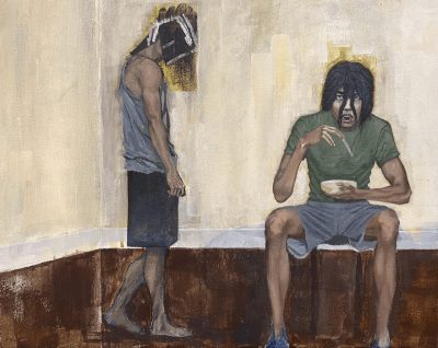  An acrylic painting by Shaw Young of two young brown men. The one on the left stands in basketball shorts and a grey tank top in bare feet. His head is obscured. On the right is a man sitting in grey basketball shorts and a green T shirt with long dark hair partly covering his face. He eats from a white bowl.