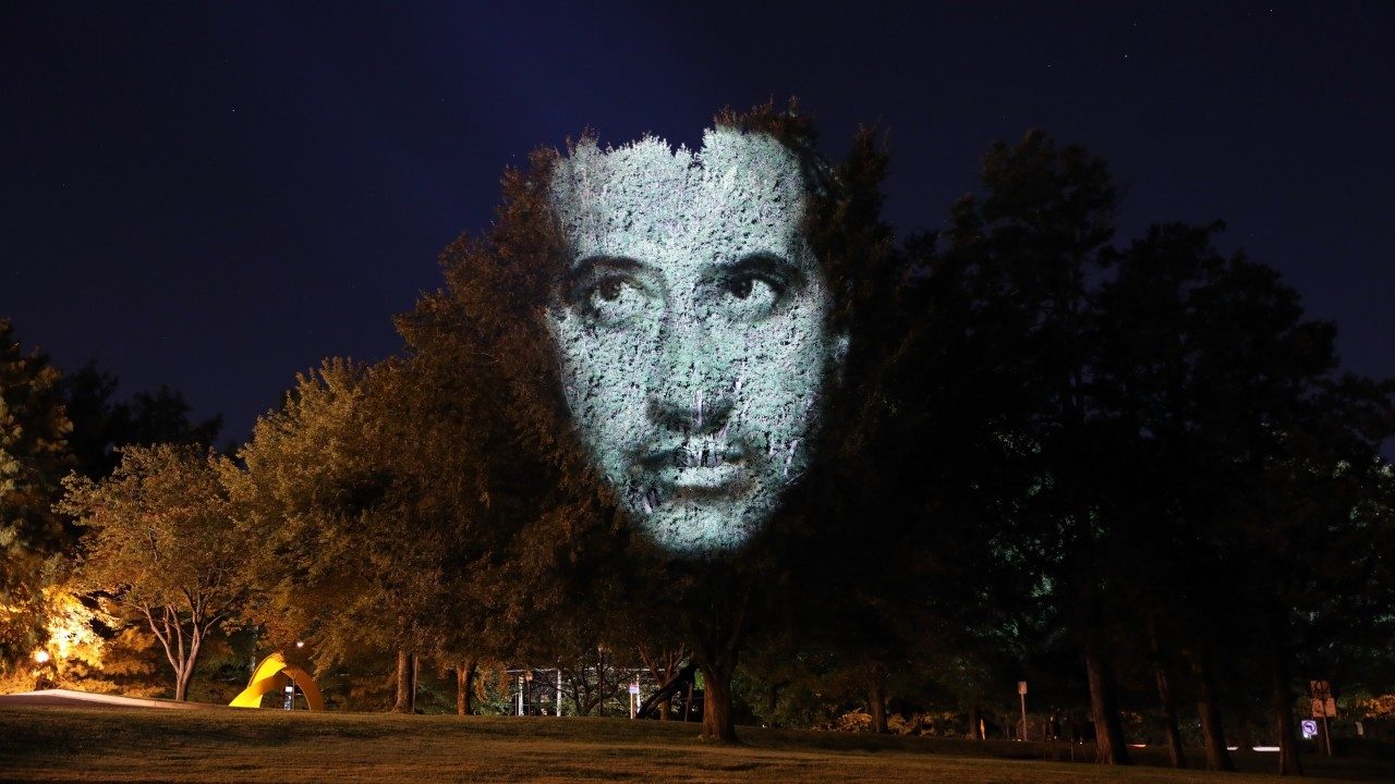  An example of Craig Walsh's "Monuments," enormous night-time projections that transform trees into sculptural monuments. A man's face is being projected onto a tree near a playground in a park.