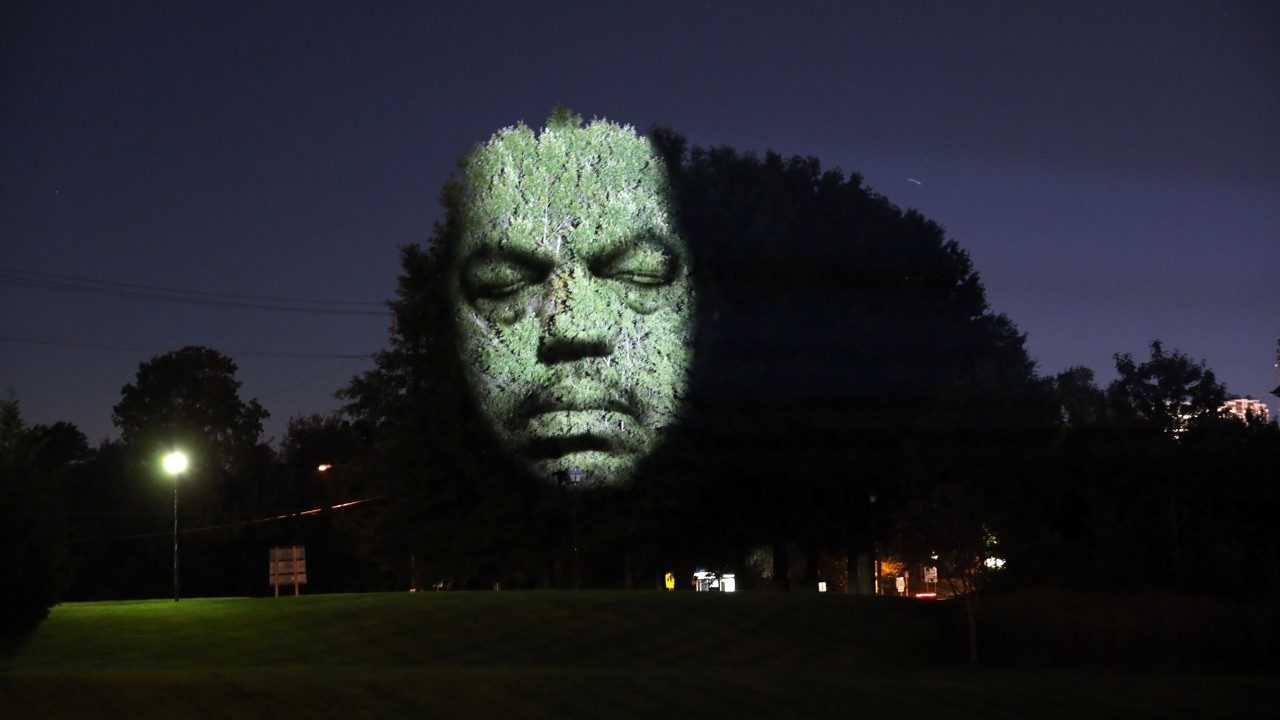  An example of Craig Walsh's "Monuments," enormous night-time projections that transform trees into sculptural monuments. A black man's face with his eyes closed is projected onto a large tree near a park.