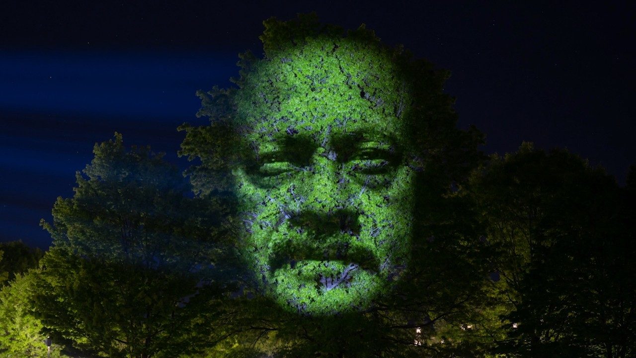  Radford community member Jacob George's face is projected onto a tall tree on Virginia Tech's Drillfield as part of projection installation "Monuments" by artist Craig Walsh