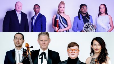  A composite image of Imani Winds and Catalyst Quartet. Top part of the image: the members of Imani Winds stand in a line smiling for the camera holding their instruments. Bottom part of the image: the members of Catalyst Quartet stand in a line looking towards the camera and holding their instruments.