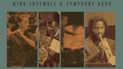  A composite image of four individual musicians in the Wind Ensemble and Symphony Band overlaid on a teal background. From left, a white woman with her medium length brown hair pulled into a ponytail plays a flute. A Black woman with glasses and a head wrap plays a trumpet. A white man with short brown hair plays large drums. A Black man with medium length twists and a moustache plays a trumpet. Grey words read "Wind Ensemble & Symphony Band"