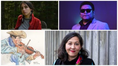  A collage of some of the artists involved in Indigenous Performance Productions' "Welcome to Indian Country." Top left, a woman with brown hair, a red jacket, black and white striped mock turtleneck shirt, long white and red beaded earrings, and braided pigtails looks towards the camera. Top right, an Indigenous man with short dark hair, sunglasses, light grey blazer, and dark button down shirt looks towards the camera in purple-blue lighting. Bottom left, an illustration of an Indigenous man with dark hair in a cowboy hat plays a violin. Bottom right, a photo of an Indigenous woman with medium length dark brown hair, brown eyes, red lipstick, turquoise earrings, and a pink scarf smiles towards the camera.