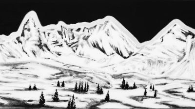 Conor McGrady's "Mountain Series," 2018-2022 (detail); gouache on paper; 22 x 32 inches. This black and white art work features large white mountains set against a stark black background, with small and scattered pine trees in foothills in the foreground.
