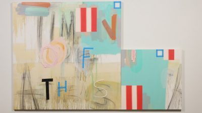  Craig Drennen's "Timon of Athens 3," 2009, an oil work on canvas using beige, red, orange, teal, and pink paints. The work is composed of one large square canvas and one smaller square canvas. The larger of the two reads, faintly, "Timon of Athens"