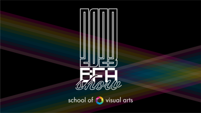  A text-based logo for the 2023 SOVA Senior Show, exhibiting at the Moss Arts Center in May 2023. Very tall white text reads "2023" and below that "BFA Show." At the bottom of the image is the Virginia Tech School of Visual Arts logo, white text that reads "school of visual arts" with a color wheel between "of" and "visual." In the background, two rainbow lines refract at diagonal angles against a black background.