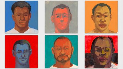 Steve Locke's "the daily practice of painting," 2019-2020; egg tempera and oil emulsion on Claybord; 114 6 x 6 inch panels; courtesy of Alexander Gray Associates, New York; © 2022 Steve Locke / Artists Rights Society. The image shows six individual portraits of men on blue, beige, orange, red, and teal backgrounds. Five of the six portraits are of Black men, and a sixth is of a white man.