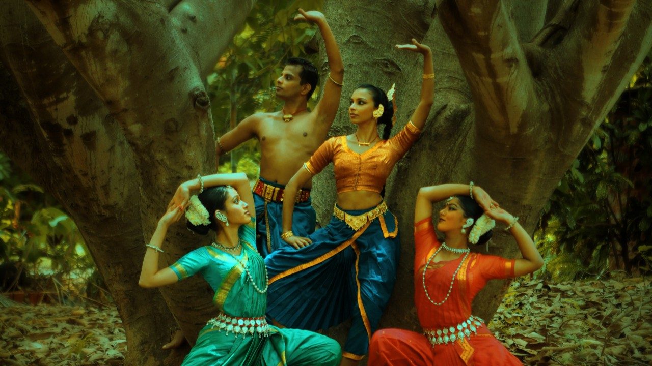  Dancers in "Āhuti" strike poses in front of the trunk of a large tree. They wear traditional costumes in oranges, blues, teals, greens, and reds.