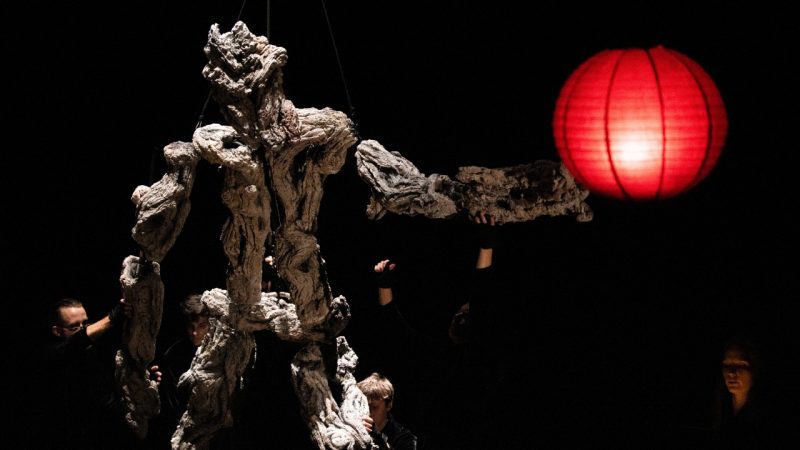  Puppeteers perform "Book of Mountains and Seas" on stage. On the left, lit with white light from above, puppeteers maneuver a large puppet that somewhat resembles diftwood and somewhat resembles a human figure using ropes on pulleys. On the right is a red round paper lantern.