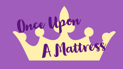  An illustration of a yellow crown is overlaid on a purple background. Across this, purple scripty text reads "Once Upon a Mattress"