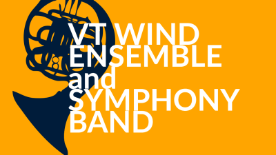  A navy silhouette of a tuba in profile is overlaid on an orange background. White text overlaid reads "VT WIND ENSEMBLE and SYMPHONY BAND"