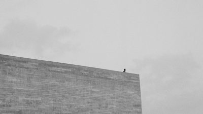 Tarrah Krajnak's "Black Messengers," 2013-present (detail), silver gelatin frames, © Tarrah Krajnak, courtesy of Zander Galerie, Cologne. A person stands on the roof of a rectangular brick building looking towards the right side of the frame. The person is very small in the image, mostly filled by the building and a grey cloudy sky. The image is black and white.