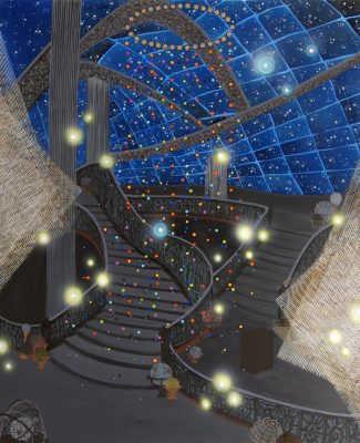 A detail of Michiko Itatani's "'Rotation Matrix' painting from Cosmic Encounter 17-B-3," 2017, an oil on canvas work of a liminal space that looks like two intersecting staircases in a large glass observatory.