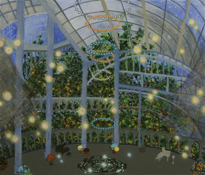 A detail of Michiko Itatani's "'Shadows of the Mind' painting from Celestial Connection 18-B-5," 2018, an oil on canvas work of a liminal space that looks like a large glass greenhouse. Leafy green trees take up most of the view from the windows.