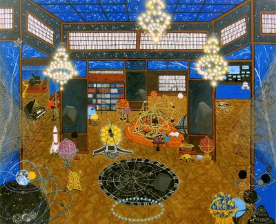 A detail of Michiko Itatani's "'Collection Sol III' painting from Celestial Maze 22-B-1," 2022, an oil on canvas work of a liminal space that looks like an expansive library with globes and grand pianos scattered throughout the room.
