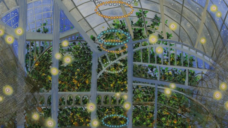 A detail of Michiko Itatani's "'Shadows of the Mind' painting from Celestial Connection 18-B-5," 2018, an oil on canvas work of a liminal space that looks like a large glass greenhouse. Leafy green trees take up most of the view from the windows.