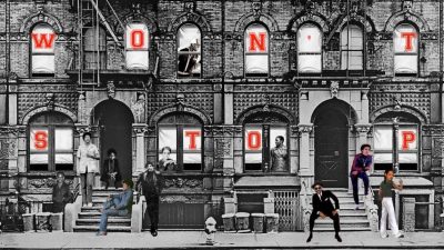  A detail of william cordova's "can't stop, won't stop: tenets of southern alchemy." This collaged work shows a black and white image of a row of city apartment buildings with red letter jacket-style letters on the windows reading, from top left to bottom right, P, W, O, N, T, S, T, O, and P. Black and white and color images of Black men and women appear to sit on stoops, walk on the sidewalk, or peer through windows.