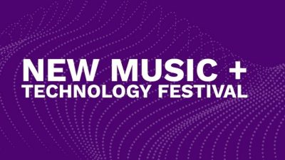 A purple background with white text overlaid that reads "New Music + Technology Festival". Behind the text, lighter purple dots flow across the frame like sound waves.