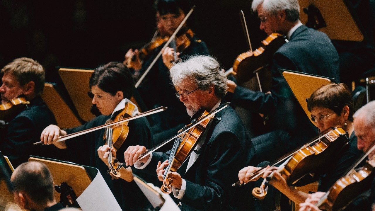  Members of the Bamberg Symphony string section play during a live performance. The image is focused on an older white man with medium length white hair, playing the violin. Other violinists surround him.