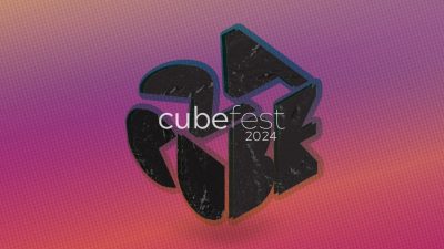 The Cube Fest 2024 logo, a dark grey cube made out of the letters "CUBE 24" on a textured pink and purple background. White overlaid text reads "cube fest 2024"