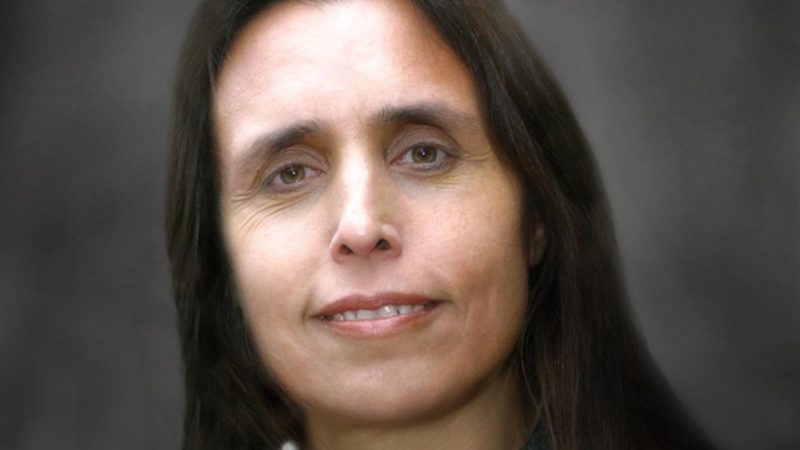  Writer and activist Winona LaDuke, a middle aged Indigenous woman with long, straight brown hair. She smiles towards the camera in front of a light grey background in this headshot.