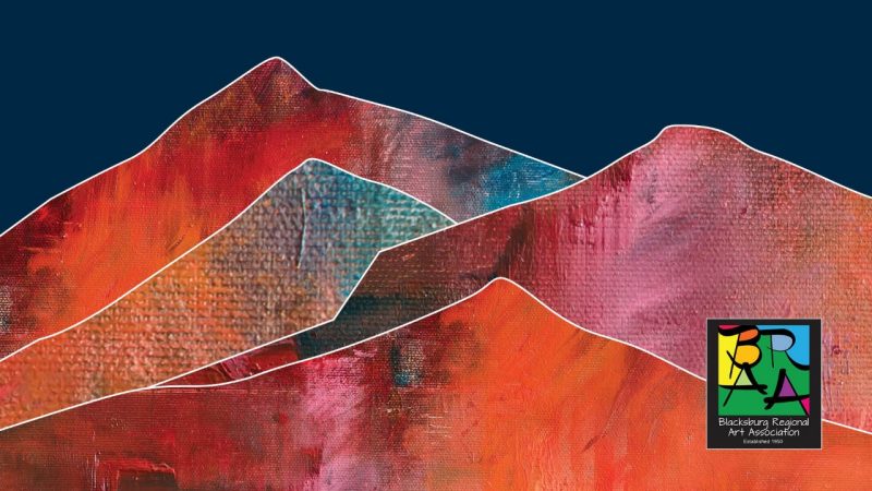 The art for the 2025 New River Art Juried Biennial exhibition, the silhouettes of several mountains using various close ups of abstract paintings in tones of red and orange, against a navy blue background. In the bottom right corner is the Blacksburg Regional Art Association logo.