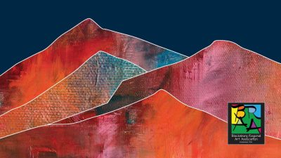 The art for the 2025 New River Art Juried Biennial exhibition, the silhouettes of several mountains using various close ups of abstract paintings in tones of red and orange, against a navy blue background. In the bottom right corner is the Blacksburg Regional Art Association logo.