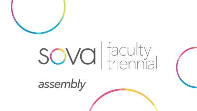 The lead art for the SOVA Faculty Triennial exhibition, "Assembly," featuring the School of Visual Arts' rainbow-colored logo.