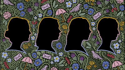 The silhouettes of four young women in front of a detailed background of flora, birds, flowers, letters, and umbrellas.