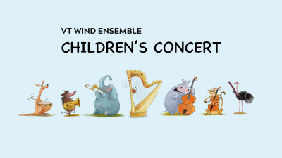 A light blue background over which black text reads "VT Wind Ensemble Children's Concert." Below the text is a series of illustrated animals playing musical instruments.