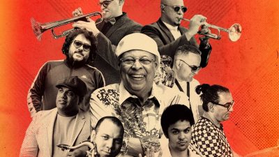 A composite image of Cuban pianist Chucho Valdes, center, and the members of Irakere 50, some playing their instruments, on an orange background. The images are all black and white.