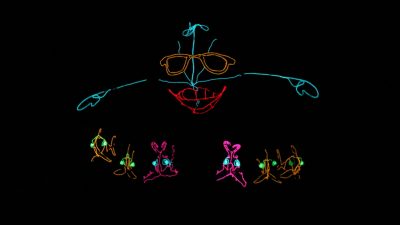 Light art against a dark background of one large fish wearing glasses and six smaller fish in a line below it.
