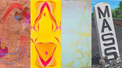 A composite of details of work from the four artists exhibiting in the Center for the Arts' fall 2025 exhibitions. From left, Clare Grill's "Crack," 2024; Margaux Ogden's "Bathers (Cadmium Yellow, Hansa Yellow, Primary Red & India Yellow Hue)," 2024; Dana Frankfort's "MORE THAN WORDS," 2013; and Josephine Halvorson's "Mass," 2023-2024.