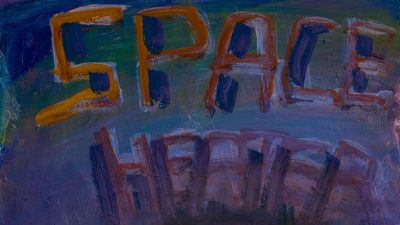 A detail from Dana Frankfort's "Space Heater". The words "space heater" are spelled out in warm tones over a blue/purple background.
