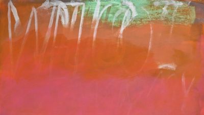 A detail from Dana Frankfort's "Welcome My Friend". A wash of pink and orange across the canvas, white outlines of a word or phrase visible but illegible.