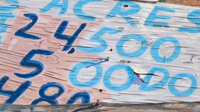 A detail of Josephine Halvorson's "5 Acres," 2024. A weathered wooden sign for five acres of land. "Acres," "24,500," "500" and "480" are visible in shades of blue.