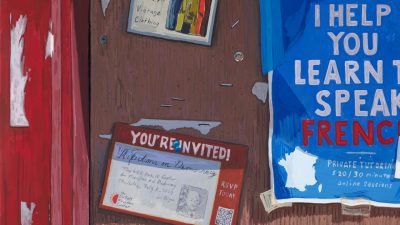 A detail of Josephine Halvorson's "I Help You," 2024, showing several papers posted on an old plywood bulletin board. At right, a blue sign reads "I help you learn to speak French — Private tutoring, $20/30 minutes, online sessions." At bottom left is a postcard with a red border reading "You're Invited! Reflections on Democracy — The WEB Dubois Center for Freedom and Democracy, Thursday, July 11, 2024, 6:00 pm. RSVP Today"