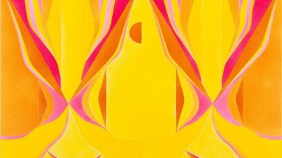 A detail of Margaux Ogden's "Bathers (Cadmium Yellow, Hansa Yellow, Primary Red & India Yellow Hue)," 2024, a symmetrical work in various shades of yellow, orange, red, and pink.