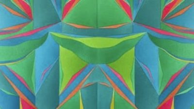 A detail of Margaux Ogden's "Bathers (Permanent Green, Viridian Green, Pink, Green Gold, and Turquoise)," 2025, a symmetrical work in various shades of blue, turquoise, green, red, and orange.