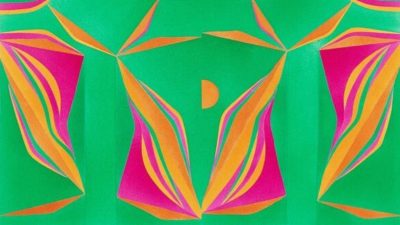 A detail of Margaux Ogden's "Bathers (Phthalo Green, Magenta, Cyan & Red)," 2024, a symmetrical work in various shades of yellow, orange, pink, and green.
