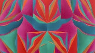 A detail of Margaux Ogden's "Bathers (Quinacridone Magenta, Pyrrole Red, Orange, Green, and Turquoise)," 2025, a symmetrical work in various shades of red, pink, green, orange, and blue.