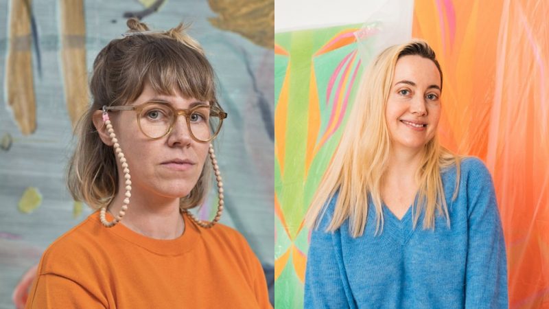 A composite of color portraits of Clare Grill, left, and Margaux Ogden, right, both young white women. Grill has shoulder length sandy brown hair; Ogden has long blonde hair with dark roots. Both pose in front of their work.