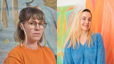 A composite of color portraits of Clare Grill, left, and Margaux Ogden, right, both young white women. Grill has shoulder length sandy brown hair; Ogden has long blonde hair with dark roots. Both pose in front of their work.