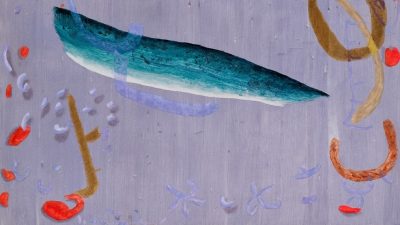 A detail of Clare Grill's "Bell," 2023, a periwinkle blue background with shapes and objects in red, blue, yellow, and brown on top.