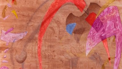 A detail of Clare Grill's "Crack," 2024, a medium brown background with shapes and objects in shades of purple, red, blue, and yellow on top.