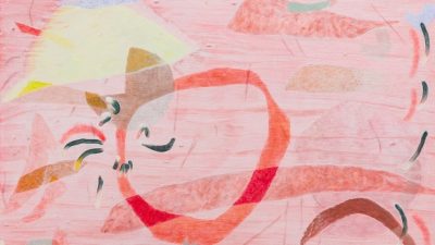 A detail of Clare Grill's "Flip," 2024, a light pink background with objects and shapes in darker pinks, greens, and yellow on top.